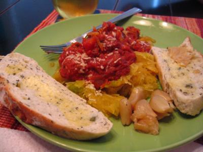 Served over Spaghetti Squash with Roasted Garlic and toast